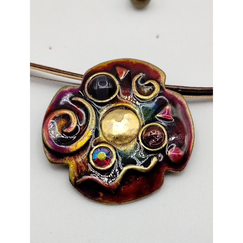 Chico's Gold Tone Red Enameled w Aurora Borealis Crystal Accent Pendant Necklace